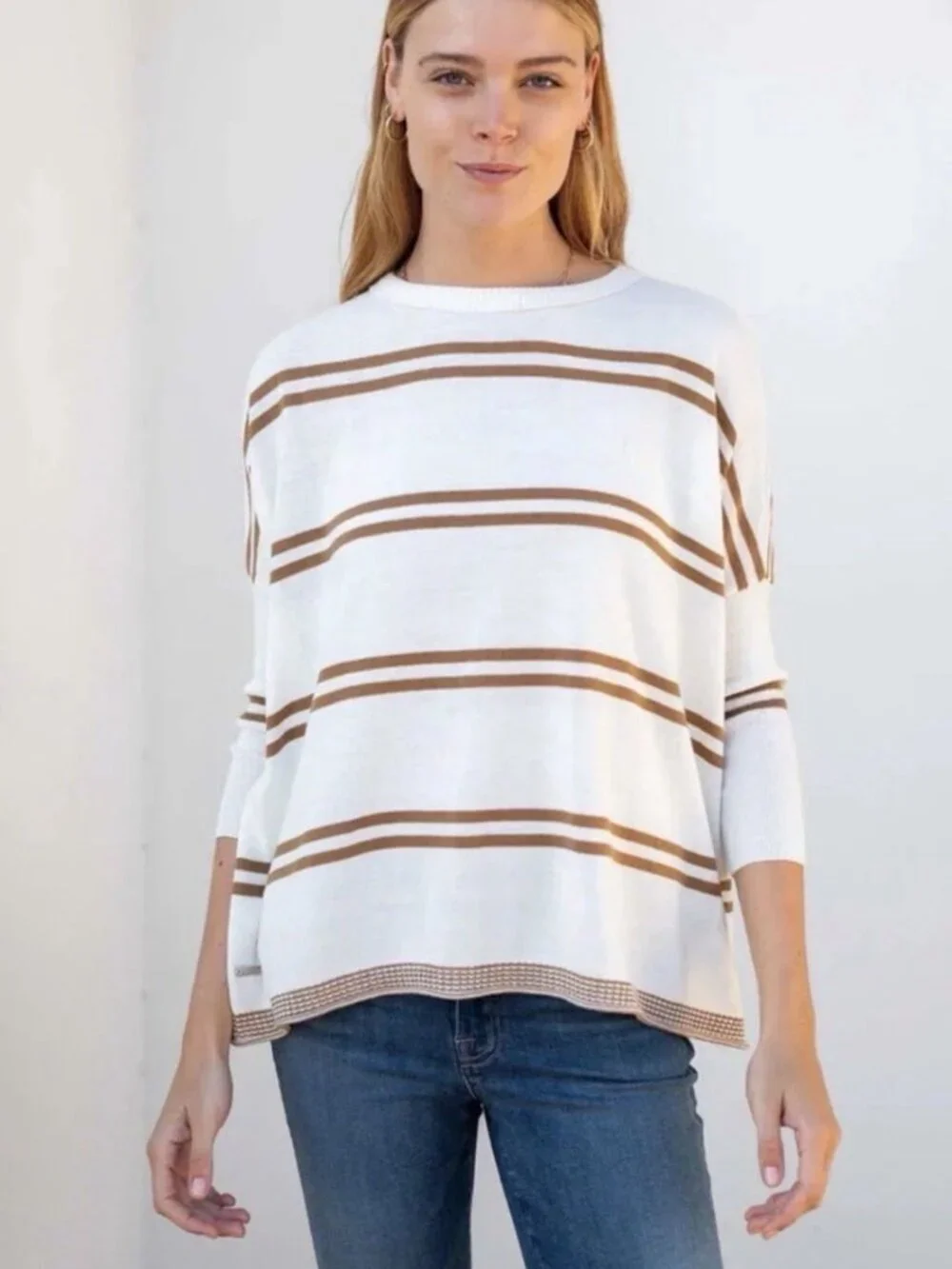 Mersea Women’s Tan And White Striped Catalina Sweater One Size Petite 3/4 Sleeve